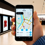 **

A shopper in a modern department store using a mobile app for indoor navigation. The app displays a store map with a highlighted route to a specific product (e.g., a stylish sweater). The scene is bright and inviting, showcasing the convenience of finding items quickly and easily with indoor positioning technology. Maybe some augmented reality overlays are visible on the phone's screen.

**