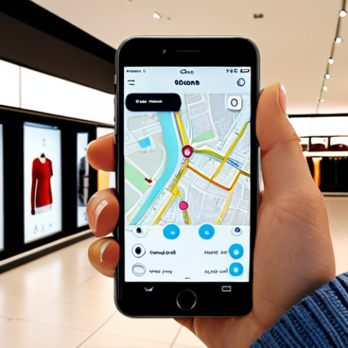 **

A shopper in a modern department store using a mobile app for indoor navigation. The app displays a store map with a highlighted route to a specific product (e.g., a stylish sweater). The scene is bright and inviting, showcasing the convenience of finding items quickly and easily with indoor positioning technology. Maybe some augmented reality overlays are visible on the phone's screen.

**