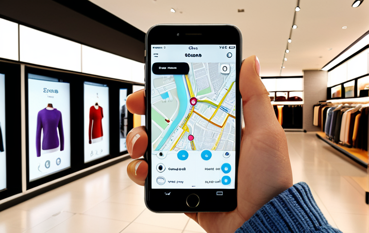 **
A shopper in a modern department store using a mobile app for indoor navigation. The app displays a store map with a highlighted route to a specific product (e.g., a stylish sweater). The scene is bright and inviting, showcasing the convenience of finding items quickly and easily with indoor positioning technology. Maybe some augmented reality overlays are visible on the phone's screen.
**